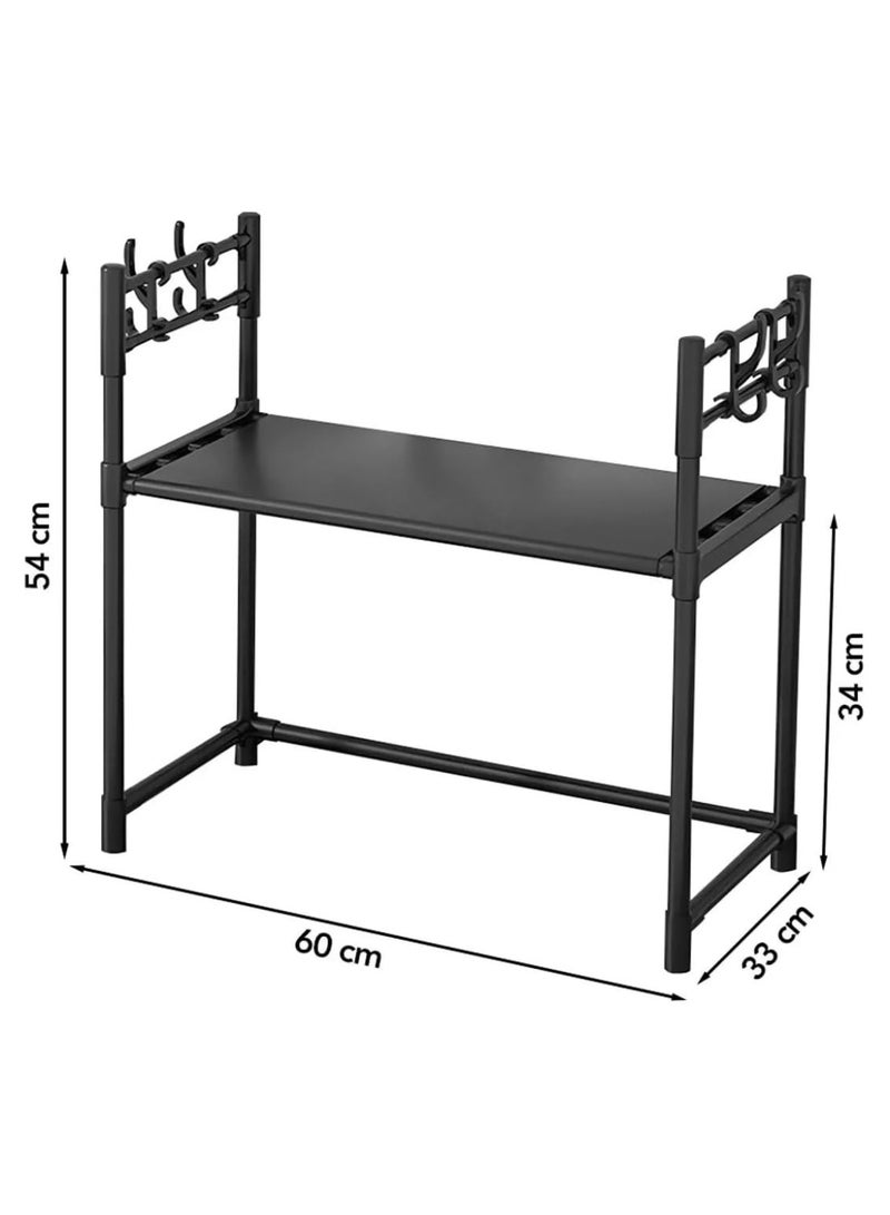 DubaiGallery Multi-Purpose 2-Tier Metal Kitchen Rack with Hooks and Storage Shelf, 60x33x54cm, Heavy-Duty Countertop Organizer for Microwave, Oven, Spices and Utensils, Space Saving Design, Black - Image 3